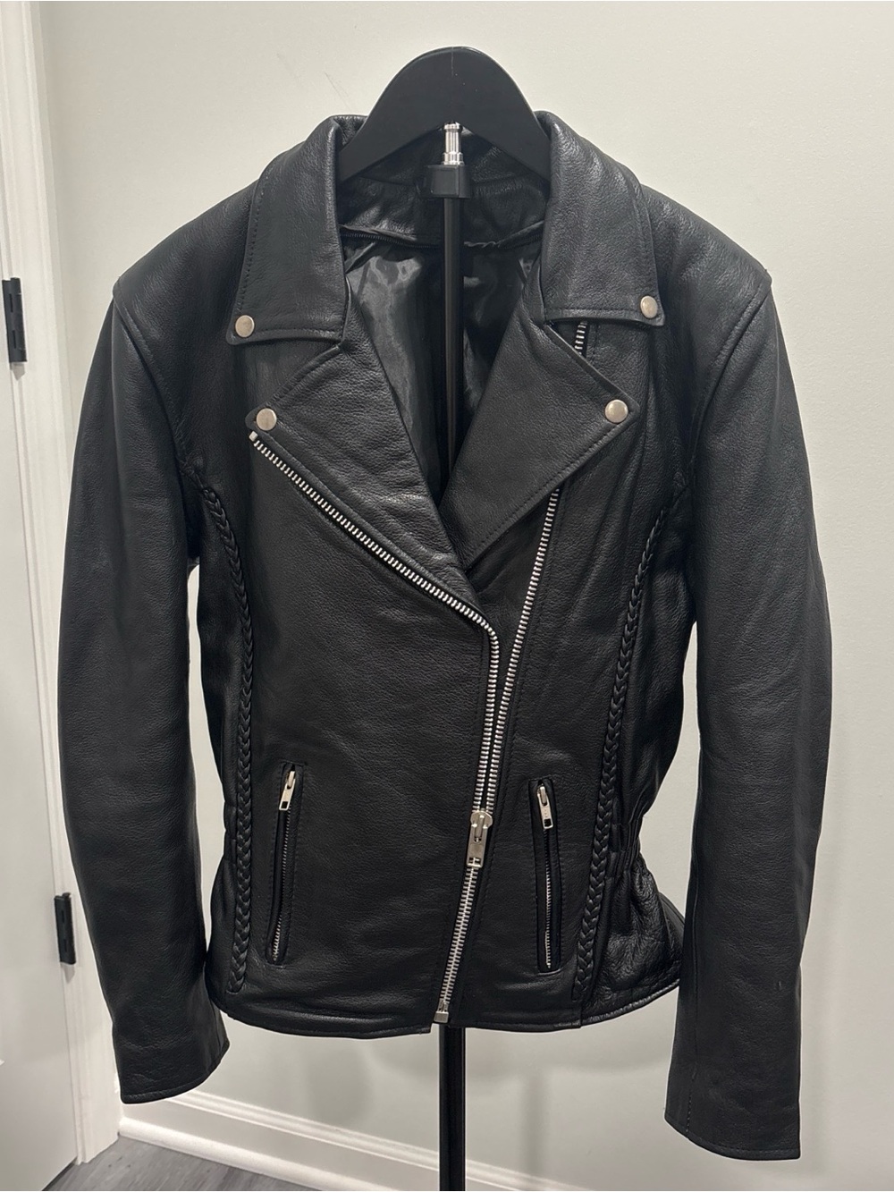 Vintage Classic Black Leather Biker Jacket with Braided Trim